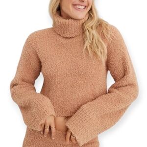 Aerie Marshmallow Turtleneck Cropped Sweater Bell Sleeves Fuzzy Tan XL
